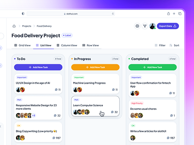 slothUI: World's Laziest Design System | SaaS Kanban Dashboard clean design system figma gradient kanban kanban app kanban card ui kanban dashboard kanban design kanban ui minimal modern project management dashboard project management ui purple slothui soft ui ui design ui kit