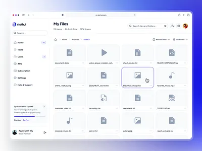 slothUI: Design System For Lazy Gen Z | SaaS File Management UI clean dashboard dashboard layout ui dashboard ui design system figma file management app file management dashboard file management ui file manager dashboard file manager ui gradient grid layout ui minimal purple saas dashboard saas dashboard ui slothui soft ui kit