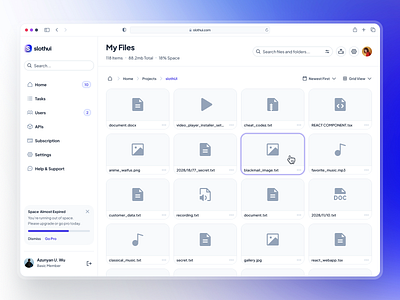 slothUI: Design System For Lazy Gen Z | SaaS File Management UI clean dashboard dashboard layout ui dashboard ui design system figma file management app file management dashboard file management ui file manager dashboard file manager ui gradient grid layout ui minimal purple saas dashboard saas dashboard ui slothui soft ui kit