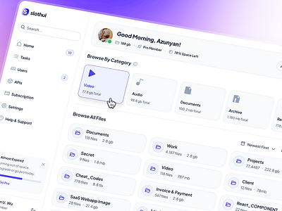 slothUI: World's Laziest Design System | SaaS File Manager UIUX clean figma design system figma ui kit file management app file management dashboard file management layout ui file management ui file manager app file manager dashboard file manager ui gradient grid layout ui minimal modern purple saas dashboard saas layout ui saas ui slothui soft