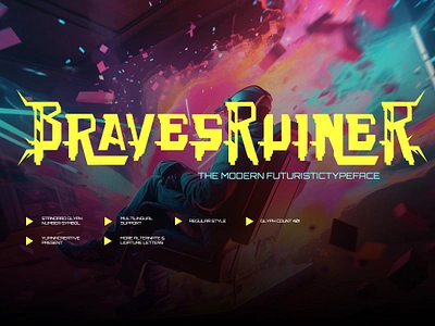 Braves Ruiner - Modern Futuristic Font ai cyber font future futuristic game intelligence mecha mobile modern new punk robotic tech techno font typeface ui ux web