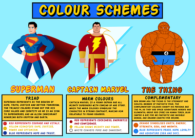 Colour Schemes Infographic character designer colour comics dc comics fantastic four graphic design infographic marvel shazam superman the thing