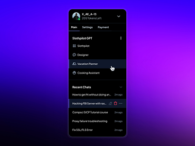 slothUI: Design System for Gen Z | Chat Sidebar Nav Dark clean dark mode dark ui figma design system figma ui kit gradient minimal modern navigation ui purple saas sidebar side nav side nav ui side navigatino ui sidebar sidebar ui sidenav ui simple slothui soft