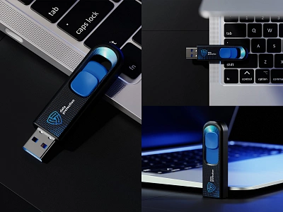 USB Flash Drive Near the Laptop Mockup PSD connect data digital disk flash drive laptop memory mockup plug security stick usb