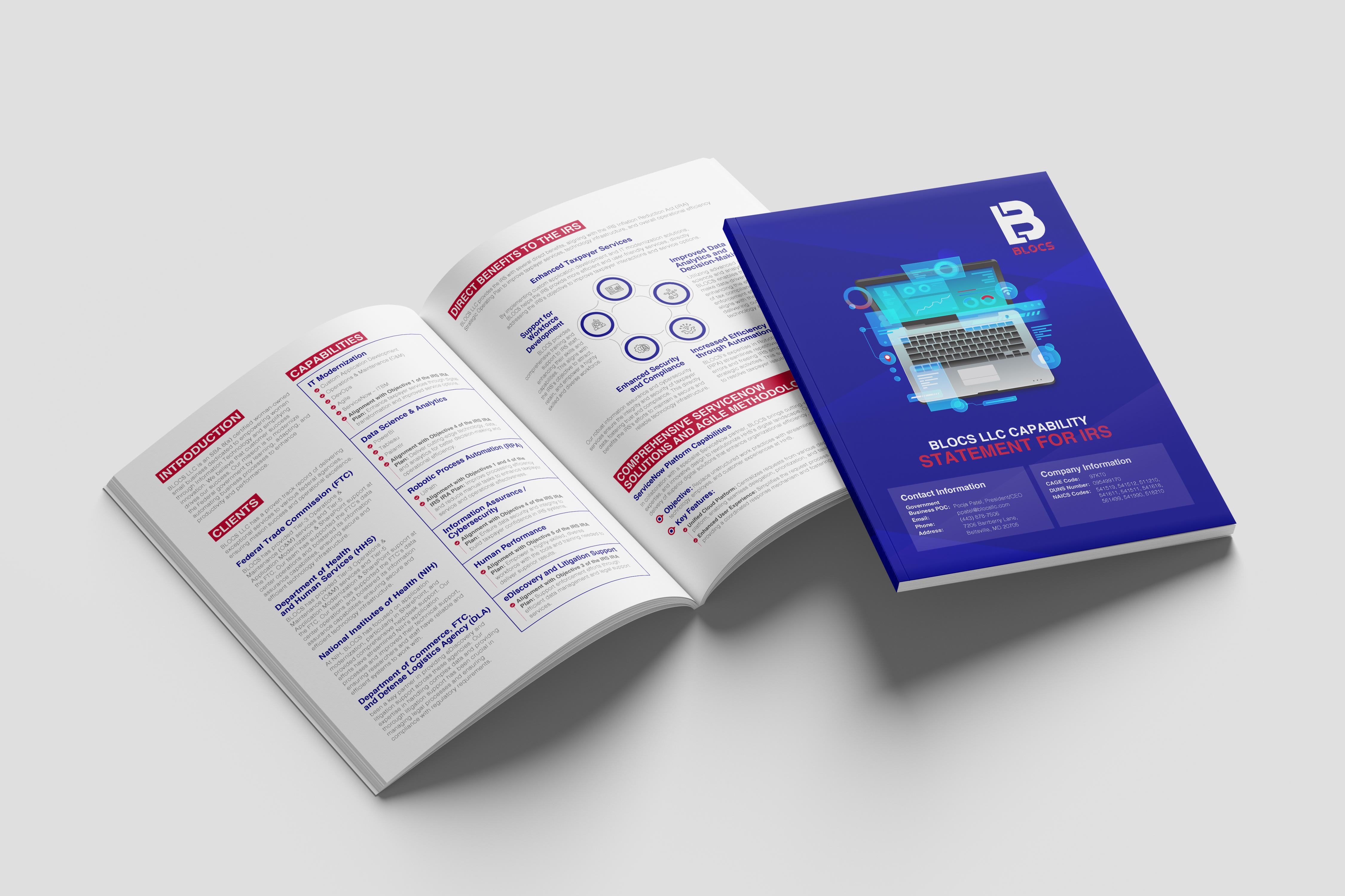 Blocs LLC Capability Statement for IRS booklet branding business pamphlet business presenation business profile business proposal capability satement capability statement design case study case study design graphic design handout design magazine design marketing material one pager presentation design report design technology brochure technology flyer technology leaflet