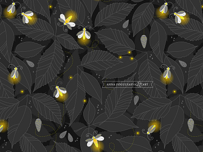 Fireflies in night foliage on a textile pattern annapogulyaeva annapogulyaeva art design fabric firefly floral pattern foliage forest graphic design illustration insect pattern print textile textile design