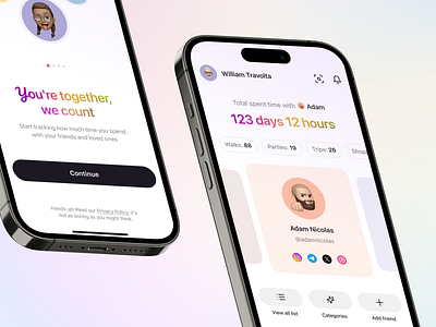 Together – Mobile app to track time spent with friends app design app ui design figma friends friends app gradients design home page mobile app mobile design sign up social app social network tracking tracking time ui ui ux ux web design welcome page