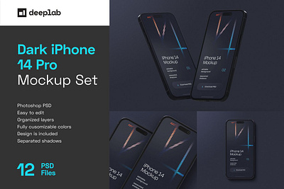 Dark iPhone 14 Pro Mockup Set 14 app cellphone dark iphone 14 pro mockup set design display iphone modern new phone realistic smart touchscreen ui