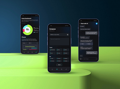 iOS Journalling Application - AI Integrated ai app app design content writing app dark theme app green and black journaling app neon ui ui design user interface