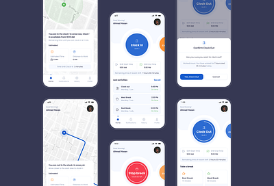 📱 Employee Attendance Tracker App 🕒 activities application area attendance break clear clock clock in design employee figma map play tab bar task tracking ui uiux ux work