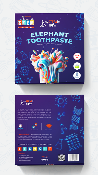 STEM kit box packaging design blue box packaging branding educational elephant toothpaste graphic design kids label design packaging design premium science stem typography vector