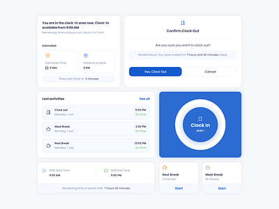 🧩 Employee Attendance Tracker Components & Widgets 📲 app area attendance app blue break button circle clear creative design last activities pop up pure responsive timer tracker ui ux web widgets