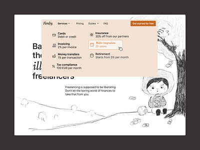 #25 - Fimby Menu animation b2c desktop features finance fintech hero home page illustration landing page menu minimalist modern orange saas startup ui ux web design website menu