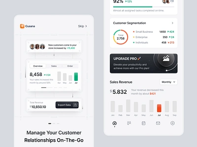 CRM Mobile App - Cusana ✨ app design chart clean crm crm app crm mobile app customer relationship management design erp mobile app home page illustration infographics minimalist mobile mobile app onboarding splash screen statistics ui ux