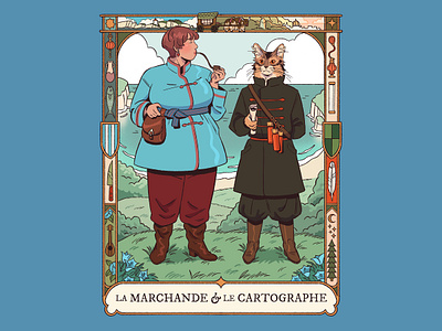 The Merchant & the Cartographer anthropomorphic book cover cat comic dnd fantasy illustration medieval fantasy moebius worldbuilding