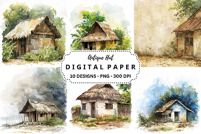 Antique Hut Watercolor Background commercial use art