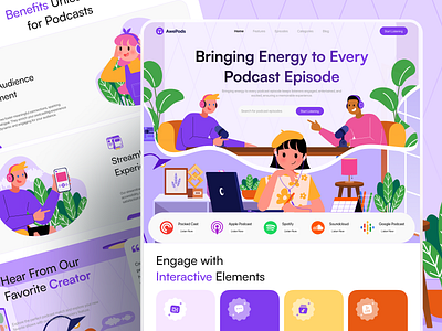 Podcast Website Homepage - Awepod 2d illustration app branding design graphic design homepage illustration illustration app illustration podcast website illustration web landing page podcast podcast illustration podcast landing page podcast platform ui uiux vector web website