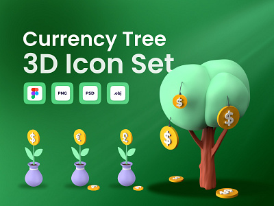 Currency Tree 3D Icon Set 3d currency icons 3d icon 3d icon set custom icons customizable 3d icons financial app icons financial icons fintech design professional 3d icons scalable 3d icons