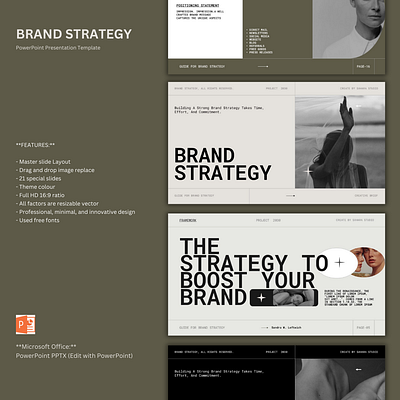 Brand Strategy PowerPoint Presentation Template. brand strategy brand strategy template business company corporate presentation graphic design minimalist powerpoint pptx template unique