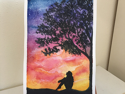Watercolor and acrylics work autumn design illustration love story romantic sunset tree watercolor