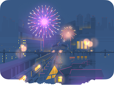 New Year 🎆 bokeh celebration cityscape dark fireworks gradient illustration lights neon new year night purple vector