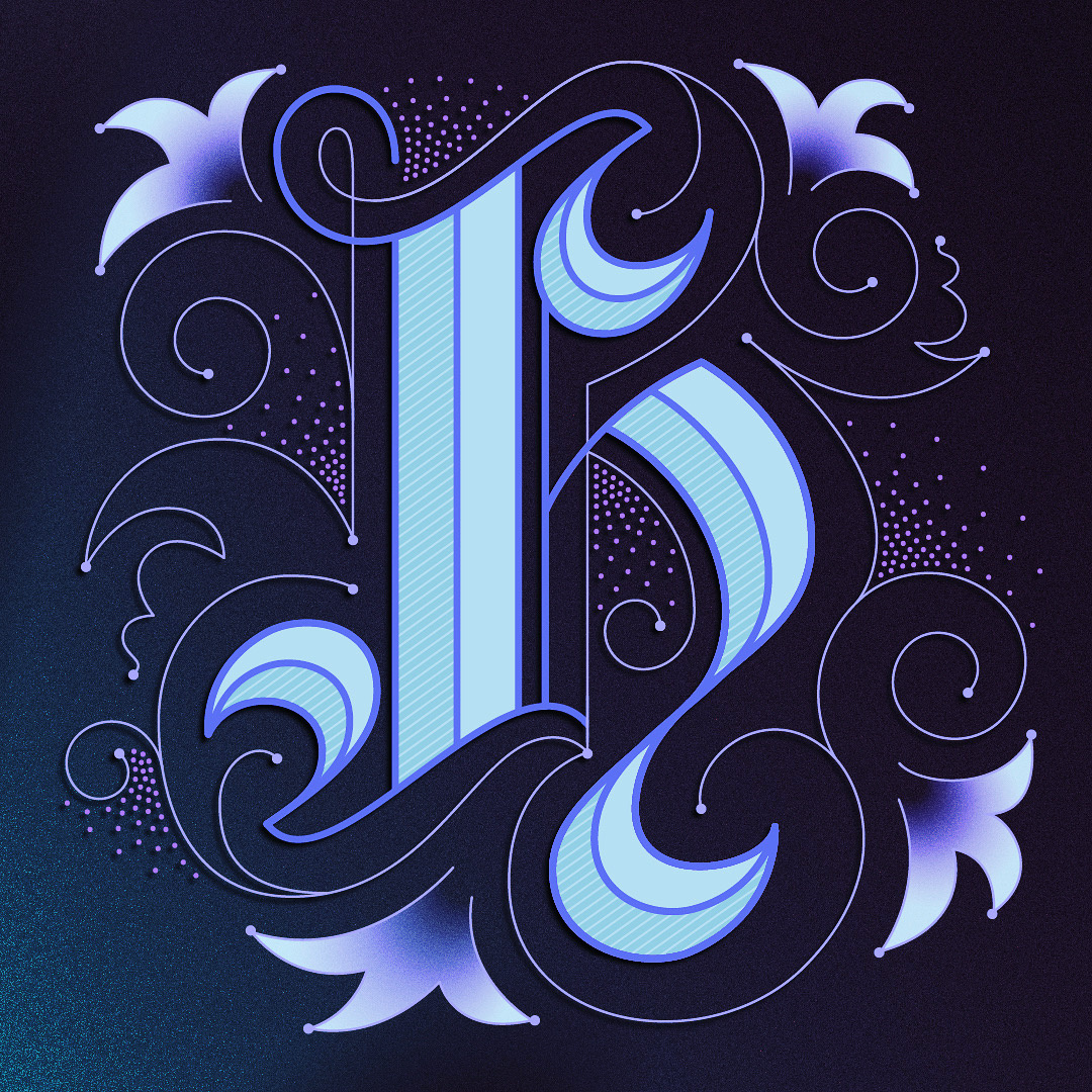 Modern Blackletter H 36 days blackletter blue decorative feminine filigree flourish gothic h halloween lettering modern blackletter purple type typography