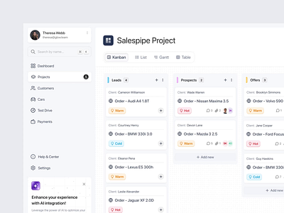 Intelligent Auto Sales Kanban Platform ai analytics business cars customer dashboard dealership kanban list view managment optimization platform product design saas service ui ux