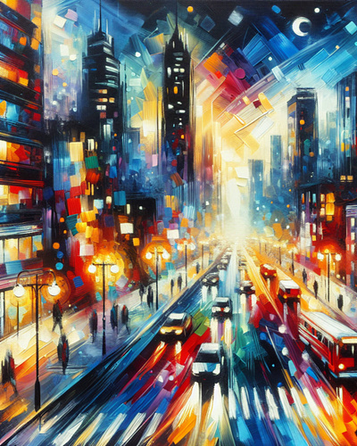 City At Night acrylic busy city lights night paint traffic