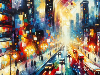 City At Night acrylic busy city lights night paint traffic