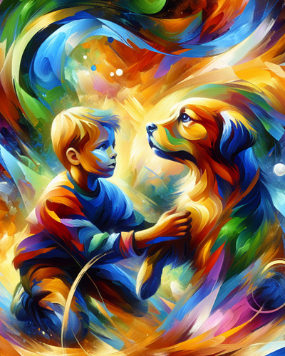 A boy and his dog acrylic art boy dog love painting pet