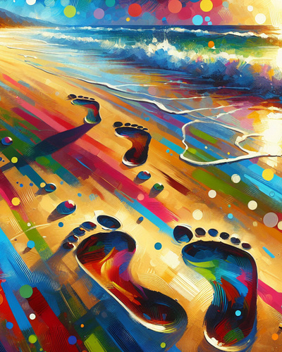 Footsteps on beach acrylic art beach footprints nature paint water