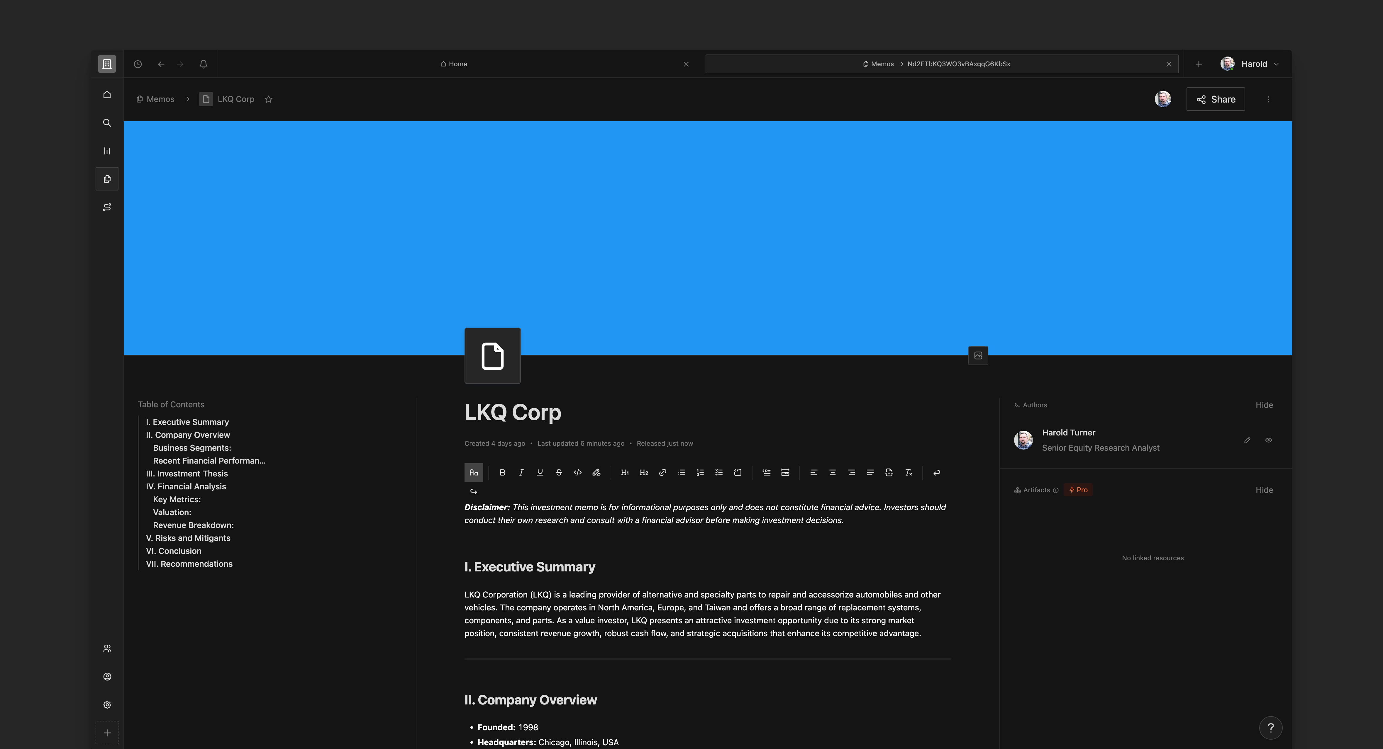 Countercyclical · Memos · Detail View avatar banner collaboration countercyclical design document editor enterprise finance minimal product saas share text ui ux workspace wysiwyg