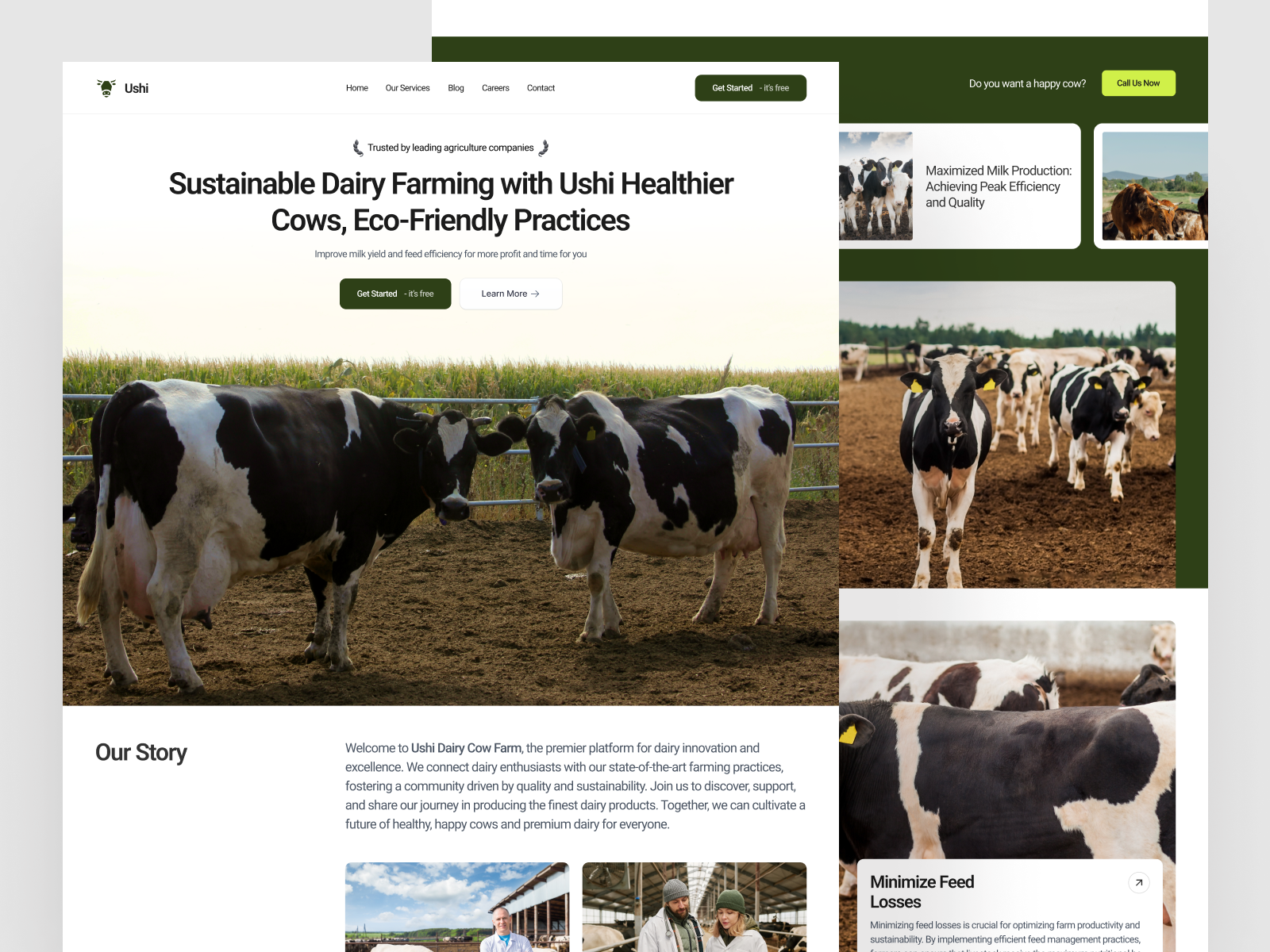 Ushi - Cow Dairy Farm Landing Page agriculture clean cow dairy dairy cow dairy farm farm harvest hero section homepage landing page milk modern nature ranch saas simple uiux web design website
