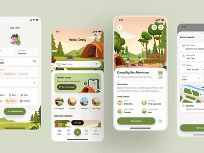 Camp Buddy - Child Monitoring Mobile App UI/UX and Branding 📲 animation app branding camp chat children design illustration kids logo mobile monitor nature orely parents photo albums ui