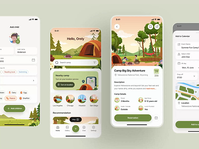 Camp Buddy - Child Monitor Mobile App UI/UX and Branding 📲 animation app branding camp chat children design illustration kids logo mobile monitor nature orely parents photo albums ui