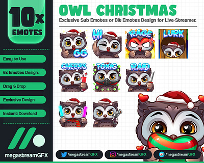 10x Owl Stream Emotes - Christmas Emotes animal emotes chibi emotes christmas emotes cute emotes digitalart emotes for twitch emotes package lightstick emotes lurk emotes open commission owl emotes rage emotes raid emotes stream emotes pack