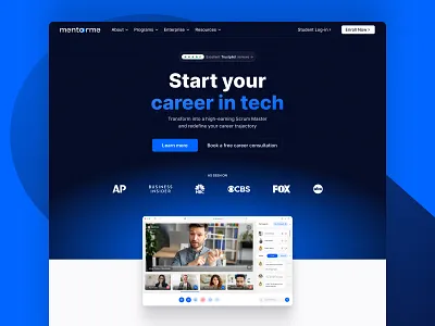 Website for a Tech Career Mentorship Program – MentorMe animation app blue career coach course design education framer landing page master no code scrum tech ui ux webdesign white