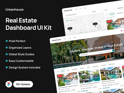 Urbanhouse - Real Estate Dashboard UI Kit buy chat dashbaord home hotel house maps motel place product design properties property real estate rent sell ui kit