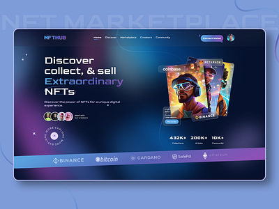 NFT Hub - Marketplace Website artwork blockchain crypto cryptoart cryptocurrency design digital nft graphic design landing page nft nft art nft design nft marketplace nft website uiux web web design web3 website website design