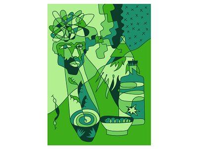 The concept of mindful eating artwork battle of water concept cup of tea design drawing flat green color healthy eating healthy food human illustration line art linear drawing man man with beard organic product salad style vector