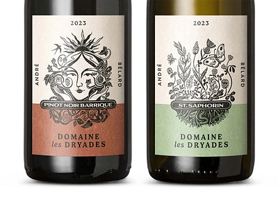 Domaine Les Dryades X Becca Thorne design label linocut organic packaging wine