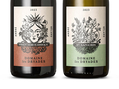 Domaine Les Dryades X Becca Thorne design label linocut organic packaging wine