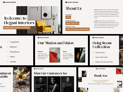 Elegant Interiors - Furniture Pitch Deck deck design editorial design furniture google slide keynote pitch deck power point ppt presentation sales deck slide typography