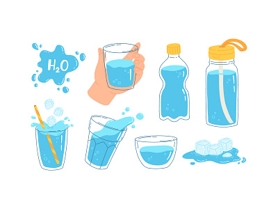 Water set bottle cartoon collection concept cute design drink flat fresh h2o illustration set simple vector water