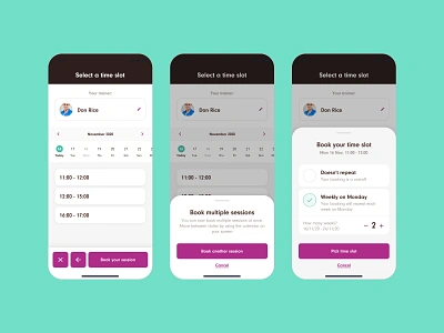 Schedule Booking booked booking calendar fitness health wellbeing mobile app personal trainer personal training quantity recurring scheduling slots time slot ux