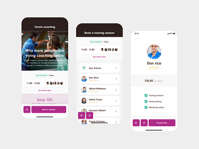 Personal Trainers & Coaching availability booking calendar coaching discount fitness health mobile app personal training savings tennis time slot ui ux
