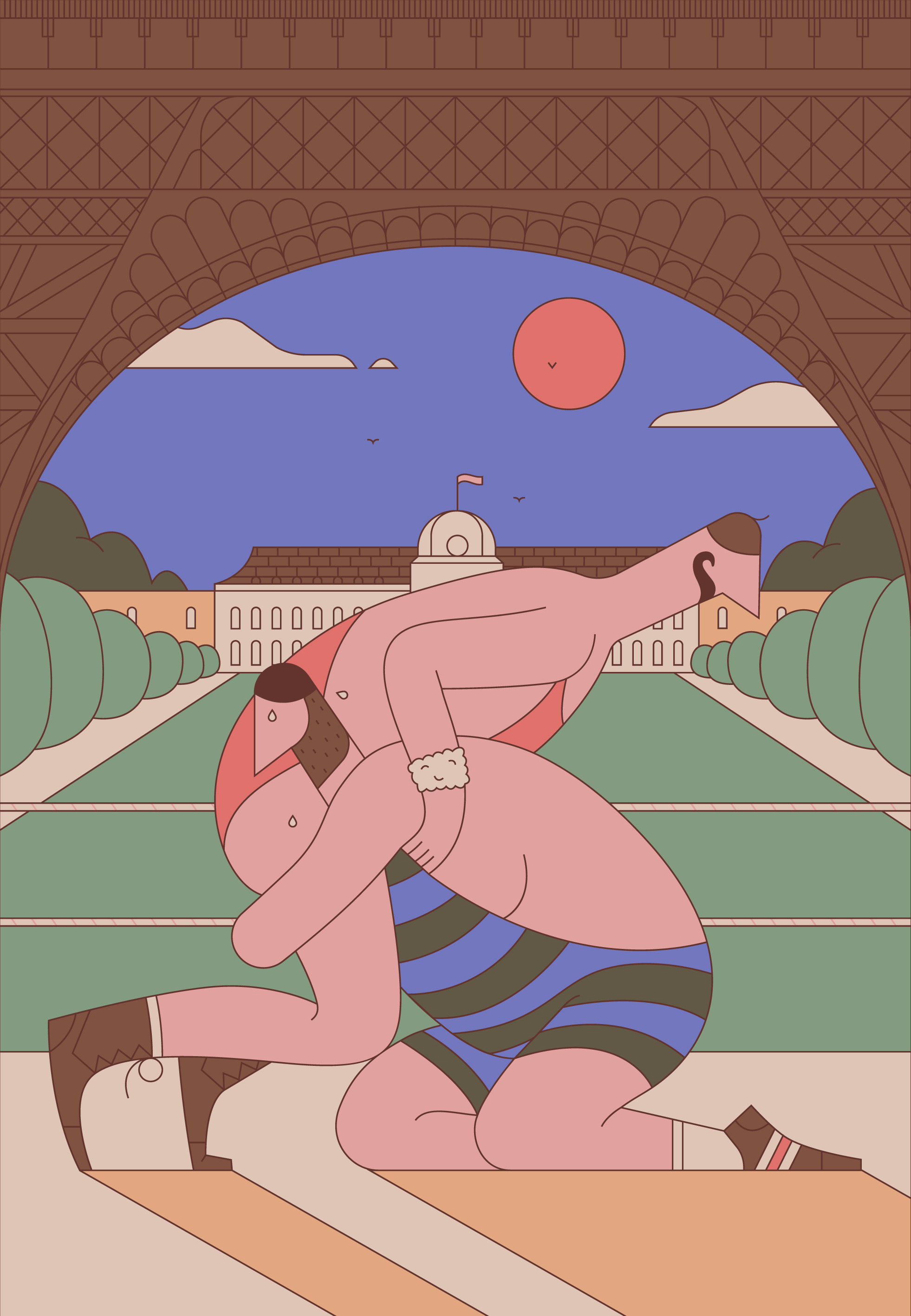 Bastille 1700s character clouds eiffel tower illustration men olympics paris pink sport sun vector wrestling
