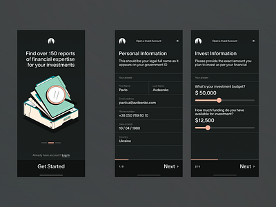Invest App - Onboarding app design calculator clean design finance fintech flow form illustration interface investing ios management mobile app onboarding personal info sign in sign up slider ux