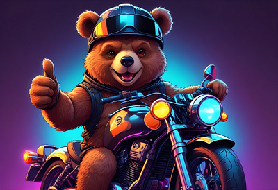 Neon avatar vector-style image of a cute bear with a motorcycle app branding design graphic design illustration logo typography ui ux vector