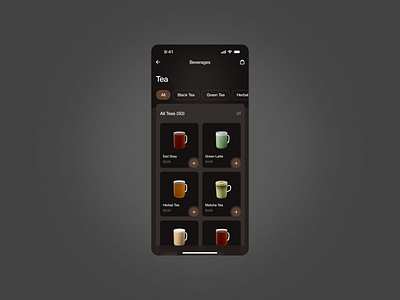 Order Your Perfect Tea with Our App! barista brew app dark mode design pattern tea app tea coffee tea shop ui ui pattern